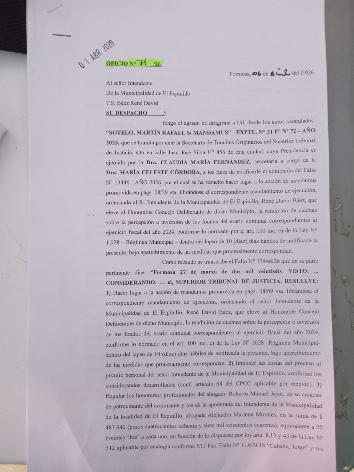 El Superior Tribunal ordena al intendente de El Espinillo rendir cuentas y expone incumplimiento
